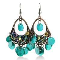 Gold Tone Woven 2 Inch Pear Shaped Floral Drop Earrings with Shimmering Turquoise Colored Discs Gold Tone Woven 2 Inch Pear Shaped Floral Drop Earrings with Shimmering Turquoise Colored Discs
