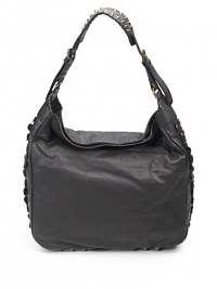 Edgy studs, unique braiding and lace-up details create a striking leather accessory that works day or night.Adjustable shoulder strap with padded detail, 15-19 drop Snap top closure Protective metal feet One inside zip pocket Three inside open pockets Removable inside pouch, 6W X 3½H X ¼D Fully lined 13½W X 13½H X 3½D Imported Edgy studs, unique braiding and lace-up details create a striking leather accessory that works day or night.Adjustable shoulder strap with padded detail, 15-19 drop Snap top closure Protective metal feet One inside zip pocket Three inside open pockets Removable inside pouch, 6W X 3½H X ¼D Fully lined 13½W X 13½H X 3½D Imported