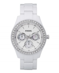Pretty details make all the difference on this fabulous Stella collection Fossil watch. White plastic bracelet and stainless steel case, 37mm. Swarovski crystal bezel. White dial with logo, three subdials and stick markers. Quartz movement. Water resistant to 50 meters. Eleven-year limited warranty. Comes packaged in a collectible tin. Pretty details make all the difference on this fabulous Stella collection Fossil watch. White plastic bracelet and stainless steel case, 37mm. Swarovski crystal bezel. White dial with logo, three subdials and stick markers. Quartz movement. Water resistant to 50 meters. Eleven-year limited warranty. Comes packaged in a collectible tin.