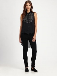 Like a display of the season's hottest trends, this semi-sheer silk top has a studded front placket, hi-lo hem and cutout cowlback. Point collarSleevelessStudded placketButton frontHi-lo hemCutout cowlbackAbout 36 from shoulder to hem at longest pointSilkDry cleanImportedModel shown is 5'9½ (176cm) wearing US size Small. Like a display of the season's hottest trends, this semi-sheer silk top has a studded front placket, hi-lo hem and cutout cowlback. Point collarSleevelessStudded placketButton frontHi-lo hemCutout cowlbackAbout 36 from shoulder to hem at longest pointSilkDry cleanImportedModel shown is 5'9½ (176cm) wearing US size Small.