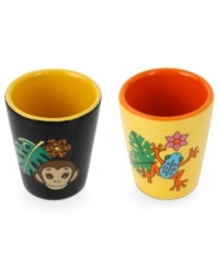 Party like an animal with this set of ceramic shot glasses from Betsey Johnson. Whimsical jungle scenes make drinking fun. Items come packaged in a signature Betsey Johnson Gift Box. Approximate diameter: 2-1/4 inches. Party like an animal with this set of ceramic shot glasses from Betsey Johnson. Whimsical jungle scenes make drinking fun. Items come packaged in a signature Betsey Johnson Gift Box. Approximate diameter: 2-1/4 inches.