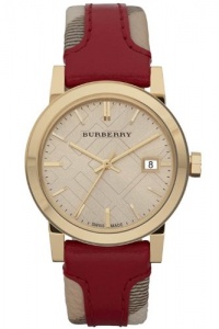 Burberry BU9111 Women's Swiss Haymarket Check Fabric & Red Leather Band watch