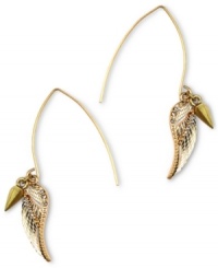 Take off with RACHEL Rachel Roy! These fun feather earrings charm the competition with crystal accents. Crafted in a worn gold tone mixed metal setting. Approximate drop: 2-1/8 inches. Approximate diameter: 3/8 inch. Take off with RACHEL Rachel Roy! These fun feather earrings charm the competition with crystal accents. Crafted in a worn gold tone mixed metal setting. Approximate drop: 2-1/8 inches. Approximate diameter: 3/8 inch.