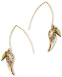 Take off with RACHEL Rachel Roy! These fun feather earrings charm the competition with crystal accents. Crafted in a worn gold tone mixed metal setting. Approximate drop: 2-1/8 inches. Approximate diameter: 3/8 inch.