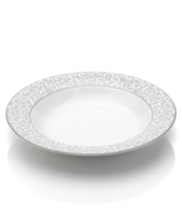 Featuring a soft gray border embellished by an intricate scroll design, this cool, clean soup bowl is marked by an understated elegance. From Mikasa's dinnerware and dishes collection. Featuring a soft gray border embellished by an intricate scroll design, this cool, clean soup bowl is marked by an understated elegance. From Mikasa's dinnerware and dishes collection.