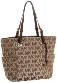 Michael Kors Signature / Monogram Jet Set Tote; Side Pockets - Beige / Ebony / Mocha Michael Kors Signature / Monogram Jet Set Tote; Side Pockets - Beige / Ebony / Mocha