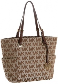 Michael Kors Signature / Monogram Jet Set Tote; Side Pockets - Beige / Ebony / Mocha