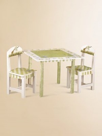 From the Alphabet Collection. Fun and functional, this bright, hand-painted table will help them learn their ABCs as well as provide a great place for playtime activities.Sturdy construction Animals and alphabet adorn top 28W X 25¾H X 28D Constructed of MDF Imported Recommended for ages 3 and up Please note: Some assembly may be required. 
