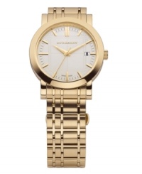 This Burberry watch features an iconic check-engraved gold ion-plated stainless steel bracelet and round case. Taupe check-patterned dial features gold tone stick indices, date window at three o'clock, three gold tone hands and logo. Swiss made. Quartz movement. Water resistant to 50 meters. Two-year limited warranty. This Burberry watch features an iconic check-engraved gold ion-plated stainless steel bracelet and round case. Taupe check-patterned dial features gold tone stick indices, date window at three o'clock, three gold tone hands and logo. Swiss made. Quartz movement. Water resistant to 50 meters. Two-year limited warranty.