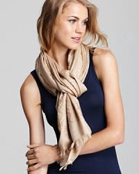 Decorated by a jacquard pattern of iconic Ts, this beautiful Tory Burch scarf channels stay-warm style. Decorated by a jacquard pattern of iconic Ts, this beautiful Tory Burch scarf channels stay-warm style.