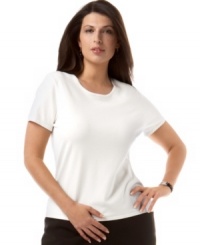 Jones New York Collection's short sleeve plus size shell is an ideal layering piece for cardigans and jackets. Jones New York Collection's short sleeve plus size shell is an ideal layering piece for cardigans and jackets.