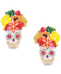 An exotic mix. No one but Betsey Johnson would think to blend skulls and fruit for fashion. Crafted in gold-plated mixed metal with multi-colored enamel details and glass accents. Approximate drop: 1 inch. An exotic mix. No one but Betsey Johnson would think to blend skulls and fruit for fashion. Crafted in gold-plated mixed metal with multi-colored enamel details and glass accents. Approximate drop: 1 inch.