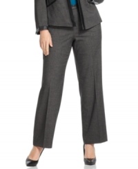 Suit up in style with Calvin Klein's plus size straight leg pants, accented by faux leather trim. Suit up in style with Calvin Klein's plus size straight leg pants, accented by faux leather trim.