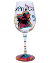 Stars align in the Sagittarius wine glass. A hand-painted design as unique as your sign illustrates your personality--open, optimistic, humorous--in bright, fun hues and sparkling rhinestones. With a special drink recipe on its base. Stars align in the Sagittarius wine glass. A hand-painted design as unique as your sign illustrates your personality--open, optimistic, humorous--in bright, fun hues and sparkling rhinestones. With a special drink recipe on its base.