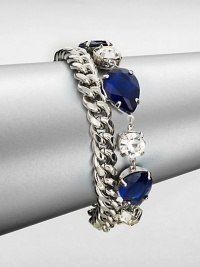 From the Black Tie Optional Collection. A chunky curb chain is joined by a row of sapphire blue and clear faceted stones in this fun design, the two strands creating a quirky complement to one another.Glass and plasticSilvertoneLength, about 8Ring claspImported From the Black Tie Optional Collection. A chunky curb chain is joined by a row of sapphire blue and clear faceted stones in this fun design, the two strands creating a quirky complement to one another.Glass and plasticSilvertoneLength, about 8Ring claspImported