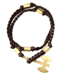 A sharp take on the braided leather bracelet. RACHEL Rachel Roy's rich style features a double-wrap body with gold tone mixed metal accents. A gold tone ax-shaped charm slides into a loop closure. Approximate length: 20-1/2 inches. Approximate charm drop: 1-3/4 inches.