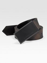 A rich check pattern accents an Italian-crafted leather style. Engraved brass buckle About 1 wide Made in Italy A rich check pattern accents an Italian-crafted leather style. Engraved brass buckle About 1 wide Made in Italy