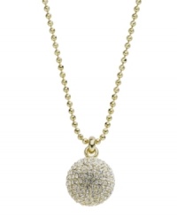 Are you ready for the dance floor? Michael Kors disco ball-inspired pendant features a Czech crystal fireball and trendy long chain set in gold tone mixed metal. Approximate length: 32 inches. Approximate drop: 3/4 inch. Are you ready for the dance floor? Michael Kors disco ball-inspired pendant features a Czech crystal fireball and trendy long chain set in gold tone mixed metal. Approximate length: 32 inches. Approximate drop: 3/4 inch.