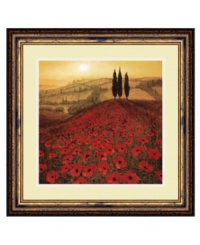 Set the romance in any room with this quintessential Italian landscape. Three cypress trees preside over a field of cheery red poppies while the setting sun emits a warm, golden light. An etched, bronze-colored frame with a gold detail matches the radiant sky. Set the romance in any room with this quintessential Italian landscape. Three cypress trees preside over a field of cheery red poppies while the setting sun emits a warm, golden light. An etched, bronze-colored frame with a gold detail matches the radiant sky.