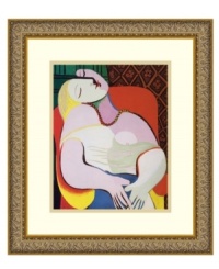 See the woman of Pablo Picasso's dreams in this abstract print. Simple curves and bright colors are contrasted by an ornate wood frame with embossed, antique-gold detail. See the woman of Pablo Picasso's dreams in this abstract print. Simple curves and bright colors are contrasted by an ornate wood frame with embossed, antique-gold detail.