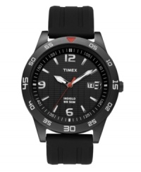 Red accents add a burst of energy to this smart watch by Timex. Black resin strap and round brushed gunmetal mixed metal case. Black dial features applied silver tone numerals at twelve, three, six and nine o'clock, stick indices, minute track, date window at three o'clock, luminous hour and minute hands, red second hand and logo. Quartz movement. Water resistant to 50 meters. One-year limited warranty.