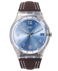 Captivating blues catch the eye on this casual leather watch from Swatch's Blue Choco collection. Captivating blues catch the eye on this casual leather watch from Swatch's Blue Choco collection.