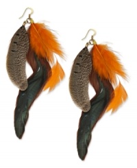 Animal attraction. Feather and suede accents in brown and orange hues combine on a gold tone mixed metal ear wire in Ali Khan's exotic style. Approximate drop: 5-3/4 inches. Animal attraction. Feather and suede accents in brown and orange hues combine on a gold tone mixed metal ear wire in Ali Khan's exotic style. Approximate drop: 5-3/4 inches.