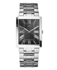 Confident and charming. Make a strong impression with this dress watch by GUESS. Stainless steel bracelet and rectangular case. Black dial features applied silver tone Roman numerals, two hands and logo. Quartz movement. Water resistant to 50 meters. Ten-year limited warranty. Confident and charming. Make a strong impression with this dress watch by GUESS. Stainless steel bracelet and rectangular case. Black dial features applied silver tone Roman numerals, two hands and logo. Quartz movement. Water resistant to 50 meters. Ten-year limited warranty.