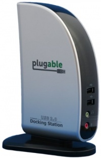 Plugable USB 2.0 Universal Laptop Docking Station with DisplayLink DVI/VGA up to 1920x1080, Audio, Ethernet, and 4 Available High-Speed USB 2.0 Ports Plugable USB 2.0 Universal Laptop Docking Station with DisplayLink DVI/VGA up to 1920x1080, Audio, Ethernet, and 4 Available High-Speed USB 2.0 Ports