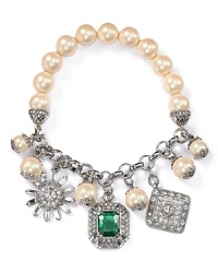 Glittering glass stones and luminous pearl charms fashion this glamorous Carolee bracelet that stretches for a perfect fit. Glittering glass stones and luminous pearl charms fashion this glamorous Carolee bracelet that stretches for a perfect fit.