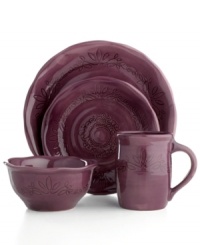 Homegrown style. Ruffled edges and engraved florals give the Espana Antica place setting an organic, handcrafted feel that suits country settings. With a glossy plum finish. From the Tabletops Unlimited dinnerware collection. Homegrown style. Ruffled edges and engraved florals give the Espana Antica place setting an organic, handcrafted feel that suits country settings. With a glossy plum finish. From the Tabletops Unlimited dinnerware collection.