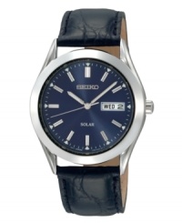 High-powered style. Solar energy moves this cool blue-dial Seiko watch. Round stainless steel case and black leather strap. Blue dial with stick indices and day/date window. 10-month energy storage. Quick-start function and energy depletion warning. Solar quartz movement. Water resistant to 30 meters. Three-year limited warranty. High-powered style. Solar energy moves this cool blue-dial Seiko watch. Round stainless steel case and black leather strap. Blue dial with stick indices and day/date window. 10-month energy storage. Quick-start function and energy depletion warning. Solar quartz movement. Water resistant to 30 meters. Three-year limited warranty.