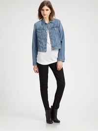 This classic denim topper is lovingly faded in a closely-cropped silhouette, perfect for layering.Point collarFront and back yokesLong sleevesChest pocketsButton frontAdjustable tab beltsAbout 18 from shoulder to hem98% cotton/2% LycraMachine washImportedModel shown is 5'10 (177cm) wearing US size Small. This classic denim topper is lovingly faded in a closely-cropped silhouette, perfect for layering.Point collarFront and back yokesLong sleevesChest pocketsButton frontAdjustable tab beltsAbout 18 from shoulder to hem98% cotton/2% LycraMachine washImportedModel shown is 5'10 (177cm) wearing US size Small.