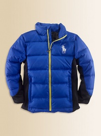 Vibrant colors lend a plush down jacket an additional sporty edge, creating an instant cold-weather classic.Mockneck collarLong sleeves with elasticized cuffsFull-zip frontZip pocketsShell: PolyesterFill: 60% down/40% other feathersMachine washImported