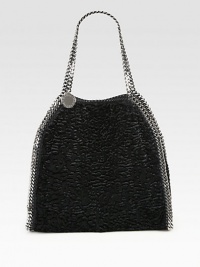 A beautifully textured faux fur design trimmed with whip stitch and link chain trim.Double chain shoulder straps, 8 dropTop snap closureOne inside zip pocketFully lined14W X 13H X 3DMade in Italy A beautifully textured faux fur design trimmed with whip stitch and link chain trim.Double chain shoulder straps, 8 dropTop snap closureOne inside zip pocketFully lined14W X 13H X 3DMade in Italy