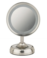Take a good look at yourself. This classic makeup mirror, finished in satin nickel chrome, rotates 360-degrees in its frame to provide two essential views – regular and 5X magnification – as a built-in light illuminates the details. Model BE87CR. Take a good look at yourself. This classic makeup mirror, finished in satin nickel chrome, rotates 360-degrees in its frame to provide two essential views – regular and 5X magnification – as a built-in light illuminates the details. Model BE87CR.
