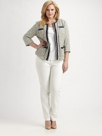 Sublimely sophisticated, a textured woven design with the idyllic mixture of classic and modern details. Round neckThree-quarter sleevesHook-and-eye closureFringe detailsPatch pocketsFully linedAbout 25 from shoulder to hem76% cotton/15% polyamide/8% polyacrylic/1% polyesterDry cleanImported of Italian fabric Sublimely sophisticated, a textured woven design with the idyllic mixture of classic and modern details. Round neckThree-quarter sleevesHook-and-eye closureFringe detailsPatch pocketsFully linedAbout 25 from shoulder to hem76% cotton/15% polyamide/8% polyacrylic/1% polyesterDry cleanImported of Italian fabric