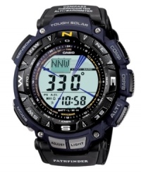 Constantly evolving and updating, Casio presents their latest Pathfinder model. Watch crafted from black cloth strap and round blue resin case. Black turning bezel with cardinal directions. Solar-powered, digital display dial features full auto EL backlight, triple sensor (altimeter/barometer, thermometer, digital compass), five daily alarms, world time, stopwatch and countdown timer. Quartz movement. Water resistant to 100 meters. One-year limited warranty. Constantly evolving and updating, Casio presents their latest Pathfinder model. Watch crafted from black cloth strap and round blue resin case. Black turning bezel with cardinal directions. Solar-powered, digital display dial features full auto EL backlight, triple sensor (altimeter/barometer, thermometer, digital compass), five daily alarms, world time, stopwatch and countdown timer. Quartz movement. Water resistant to 100 meters. One-year limited warranty.