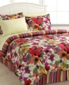 Layer your bed in fresh, blooming florals with the Rosa bedding ensemble, featuring a vibrant palette that makes a bold statement in any room. Comforter reverses to an eclectic stripe pattern so you get multiple looks with one set. Comes complete with coordinating shams, bedskirt and sheet set.