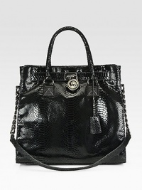 Glazed croc-embossed leather, cinched at the sides and finished with polished hardware.Double top handles, 5 dropChain and leather shoulder strap, 13 dropTop snap closureDetachable luggage tagOne inside zip pocketFour inside open pocketsFully lined14½W X 12½H X 5½DImported Glazed croc-embossed leather, cinched at the sides and finished with polished hardware.Double top handles, 5 dropChain and leather shoulder strap, 13 dropTop snap closureDetachable luggage tagOne inside zip pocketFour inside open pocketsFully lined14½W X 12½H X 5½DImported