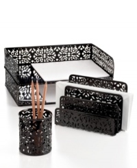 The perfect desk job-this stylish set features a cutout floral print and arranges your desk for success with everything you need-from letter holder to pencil cup to two stackable letter trays-to keep order. The perfect desk job-this stylish set features a cutout floral print and arranges your desk for success with everything you need-from letter holder to pencil cup to two stackable letter trays-to keep order.
