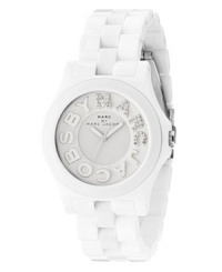 Marc by Marc Jacobs puts a spotlight on style with this glam Riviera watch. White plastic bracelet and round case. White dial with crystal-accented logo at indices and logo at twelve o'clock. Quartz movement. Water resistant to 50 meters. Two-year limited warranty. Marc by Marc Jacobs puts a spotlight on style with this glam Riviera watch. White plastic bracelet and round case. White dial with crystal-accented logo at indices and logo at twelve o'clock. Quartz movement. Water resistant to 50 meters. Two-year limited warranty.