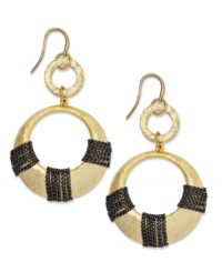 Mix it up! Alfani's cut-out circle drop earrings get a unique touch with the addition of thin, wrapped hematite tone chains. Set in gold tone mixed metal on earwire. Approximate drop: 2-1/8 inches.