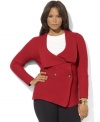 A double-breasted cardigan with an elegantly draped shawl collar creates a flattering silhouette that fastens at the waist with a Lauren Ralph Lauren button.