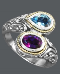Wrap yourself in stunning sparkle. Balissima by Effy Collection's stylish bypass ring features pear-cut blue topaz (3/4 ct. t.w.) and oval-cut amethyst (3/4 ct. t.w.). Set in sterling silver with 18k gold rope edges. Size 7. Wrap yourself in stunning sparkle. Balissima by Effy Collection's stylish bypass ring features pear-cut blue topaz (3/4 ct. t.w.) and oval-cut amethyst (3/4 ct. t.w.). Set in sterling silver with 18k gold rope edges. Size 7.
