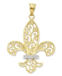 For the love of France! This pretty filigree charm features the iconic Fleur de Lis in 14k gold and sterling silver. Chain not included. Approximate length: 1-3/5 inches. Approximate width: 1 inch. For the love of France! This pretty filigree charm features the iconic Fleur de Lis in 14k gold and sterling silver. Chain not included. Approximate length: 1-3/5 inches. Approximate width: 1 inch.