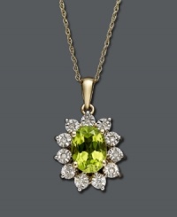 Revive your style in scintillating color. Bright oval-cut peridot (1-1/3 ct. t.w.) pops within a halo of round-cut diamond accents. Pendant crafted in 14k gold and rhodium-plated 14k gold. Approximate length: 18 inches. Approximate drop: 3/4 inch. Revive your style in scintillating color. Bright oval-cut peridot (1-1/3 ct. t.w.) pops within a halo of round-cut diamond accents. Pendant crafted in 14k gold and rhodium-plated 14k gold. Approximate length: 18 inches. Approximate drop: 3/4 inch.