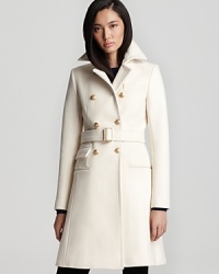 Crafted from a luxe wool blend, this gorgeous Theory coat, features a sophisticated double-breasted silhouette with festive gold buttons and a classic buckle belt for cinched-waist chic. Crafted from a luxe wool blend, this gorgeous Theory coat, features a sophisticated double-breasted silhouette with festive gold buttons and a classic buckle belt for cinched-waist chic.