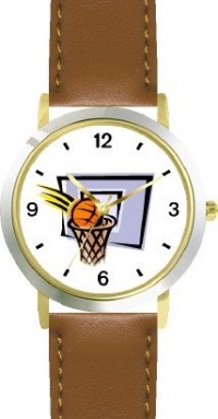 Basketball, Hoop, Backboard, Swish Basketball Theme - WATCHBUDDY® DELUXE TWO-TONE THEME WATCH - Arabic Numbers - Brown Leather Strap-Children's Size-Small ( Boy's Size & Girl's Size )