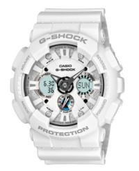 Refined and untouched in appearance, this tough sports watch from G-Shock is the best of both worlds. Crafted of matte white resin strap and round case. Analog digital shock-resistant dial features logo, world time, multifunction alarm, countdown timer, stopwatch, 12/24 hour formats, mute, speed indicator, auto LED light, hour and minute hands and stick indices. Quartz movement. Water resistant to 200 meters. One-year limited warranty. Refined and untouched in appearance, this tough sports watch from G-Shock is the best of both worlds. Crafted of matte white resin strap and round case. Analog digital shock-resistant dial features logo, world time, multifunction alarm, countdown timer, stopwatch, 12/24 hour formats, mute, speed indicator, auto LED light, hour and minute hands and stick indices. Quartz movement. Water resistant to 200 meters. One-year limited warranty.